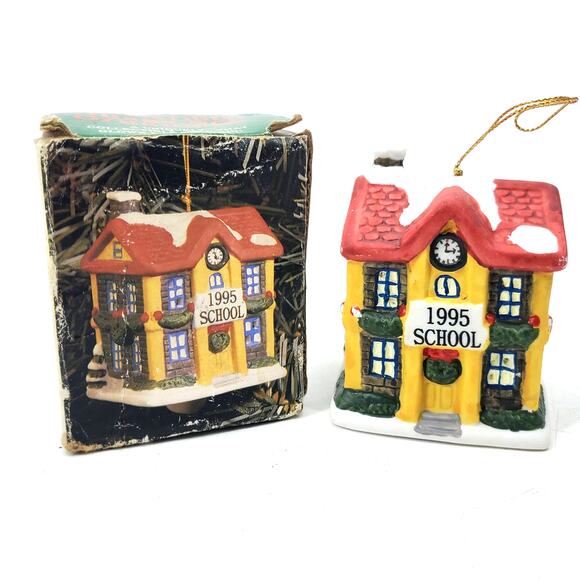 Badcock 1995 School Building Village Bell Christmas Tree Ornament Porcelain 3" - Picture 1 of 14